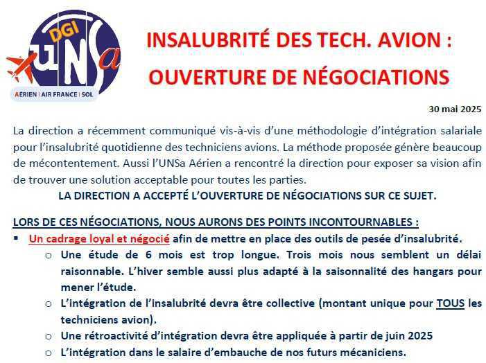 INSALUBRITÉ DES TECH. AVION : OUVERTURE DE NÉGOCIATIONS