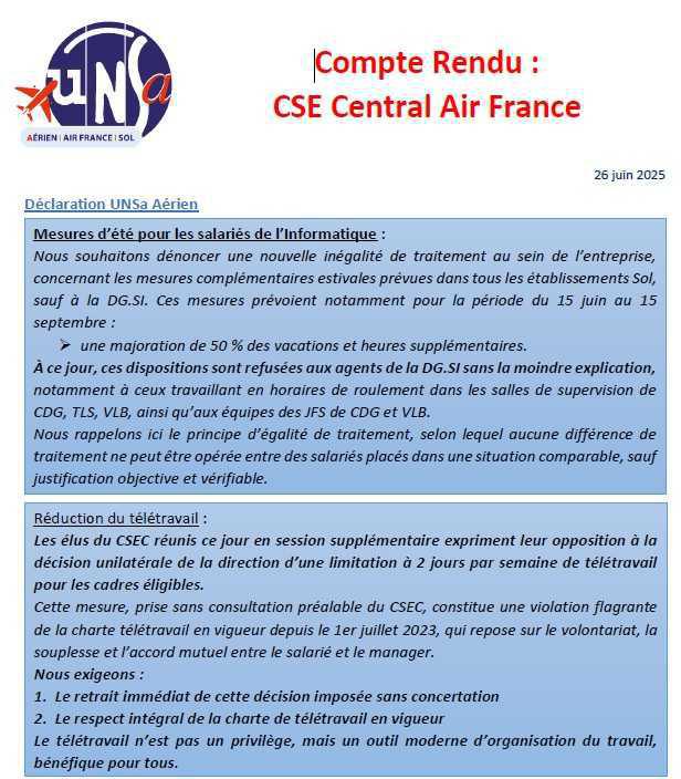 Compte-rendu du CSE Central d'Air France du 26 juin 2025