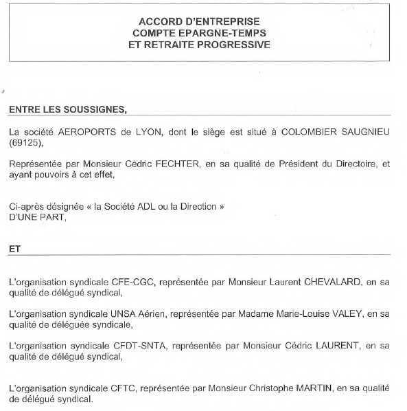 ACCORD D'ENTREPRISE CET ET RETRAITE PROGRESSIVE