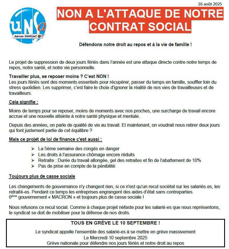 NON A L'ATTAQUE DE NOTRE CONTRAT SOCIAL - Grève le 10 septembre -