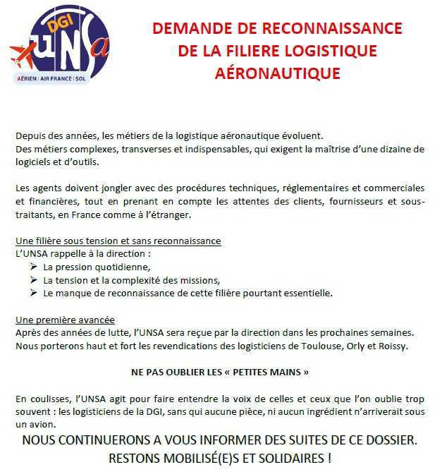 DEMANDE DE RECONNAISSANCE DE LA FILIERE LOGISTIQUE AÉRONAUTIQUE