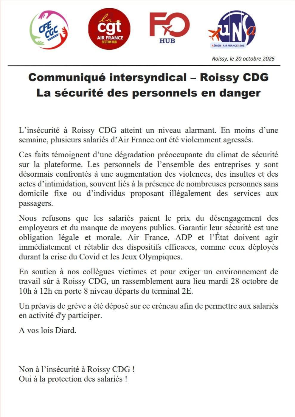 Communiqué intersyndical - Roissy CDG / La sécurité des personnels en danger