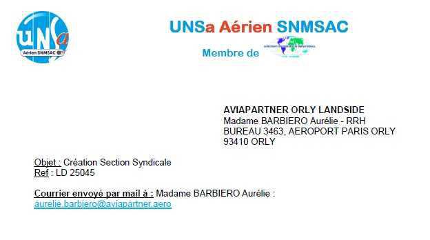 courrier création Section syndicale