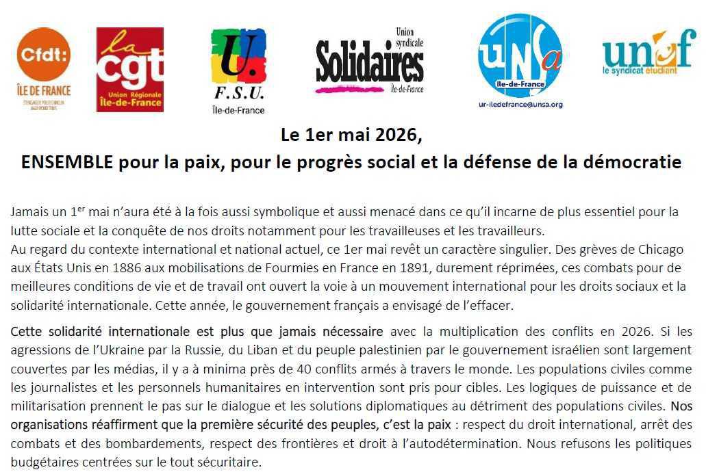 Le 1er mai 2026, ENSEMBLE pour la paix, pour le progrès social et la défense de la démocratie