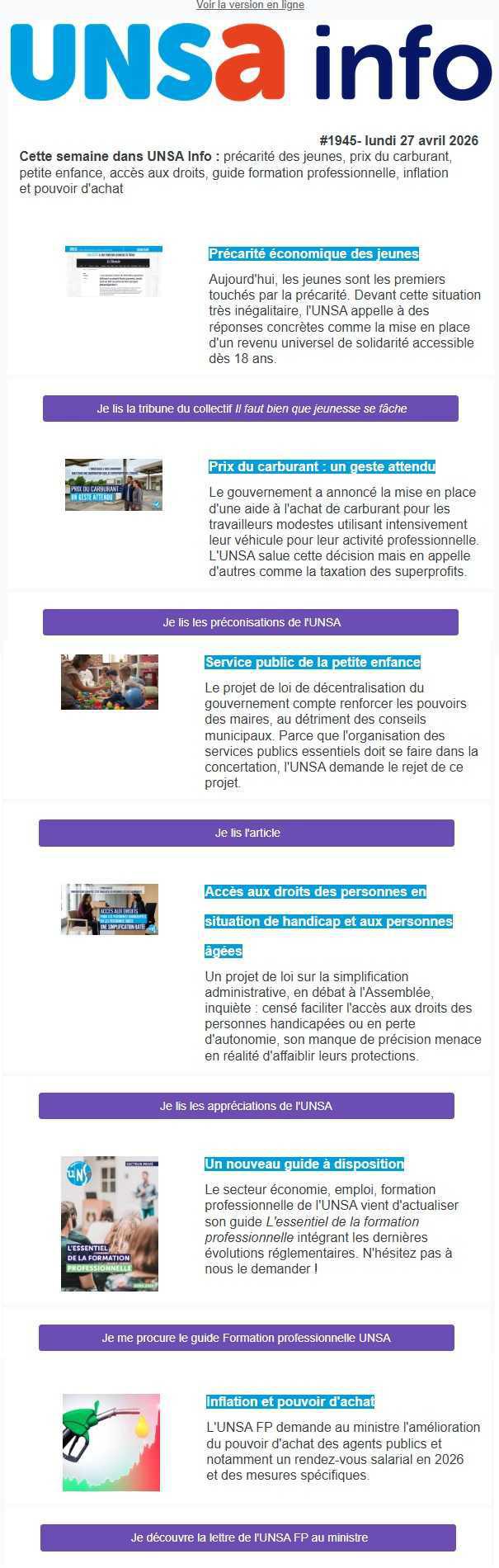 UNSa Info du lundi 27 avril 2026
