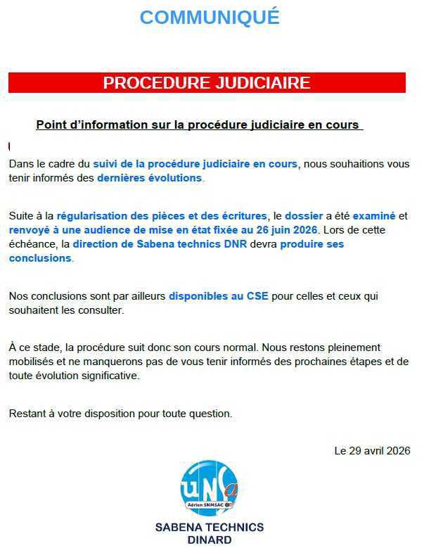 Point d’information sur la procédure judiciaire en cours 