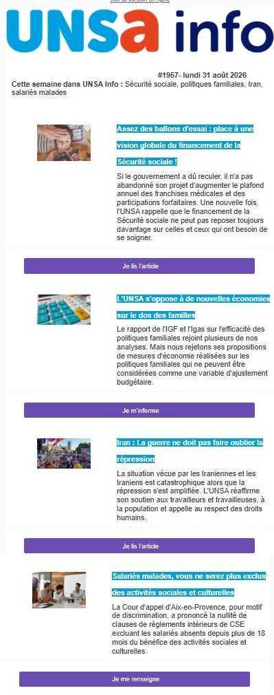 UNSa Info du lundi 31 août 2026