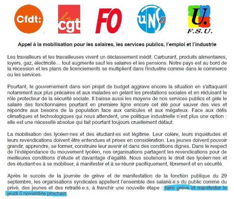 Appel à la mobilisation pour les salaires, les services publics, l’emploi et l’industrie