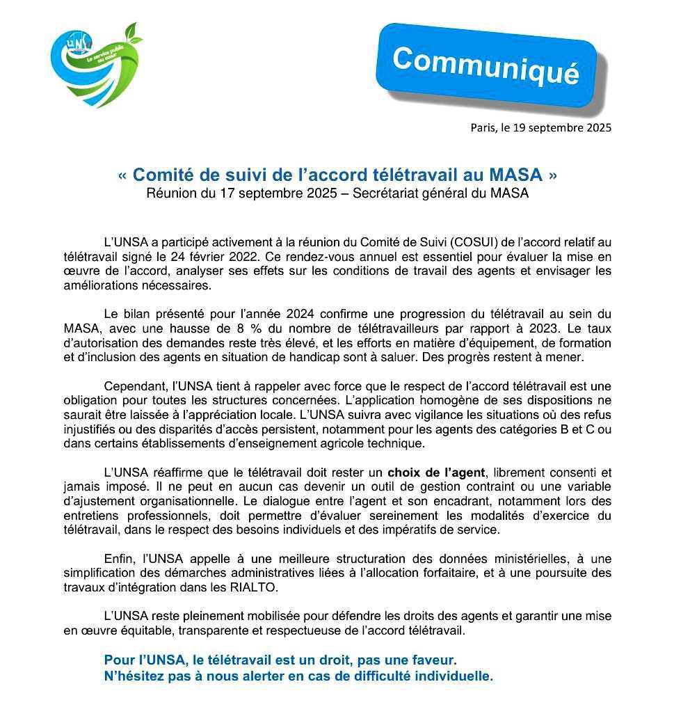 Communiqué - Comité de suivi de l’accord télétravail au MASA