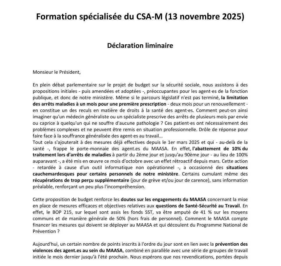 Formation spécialisée du CSA-M du 13 novembre 2025 - Déclaration liminaire