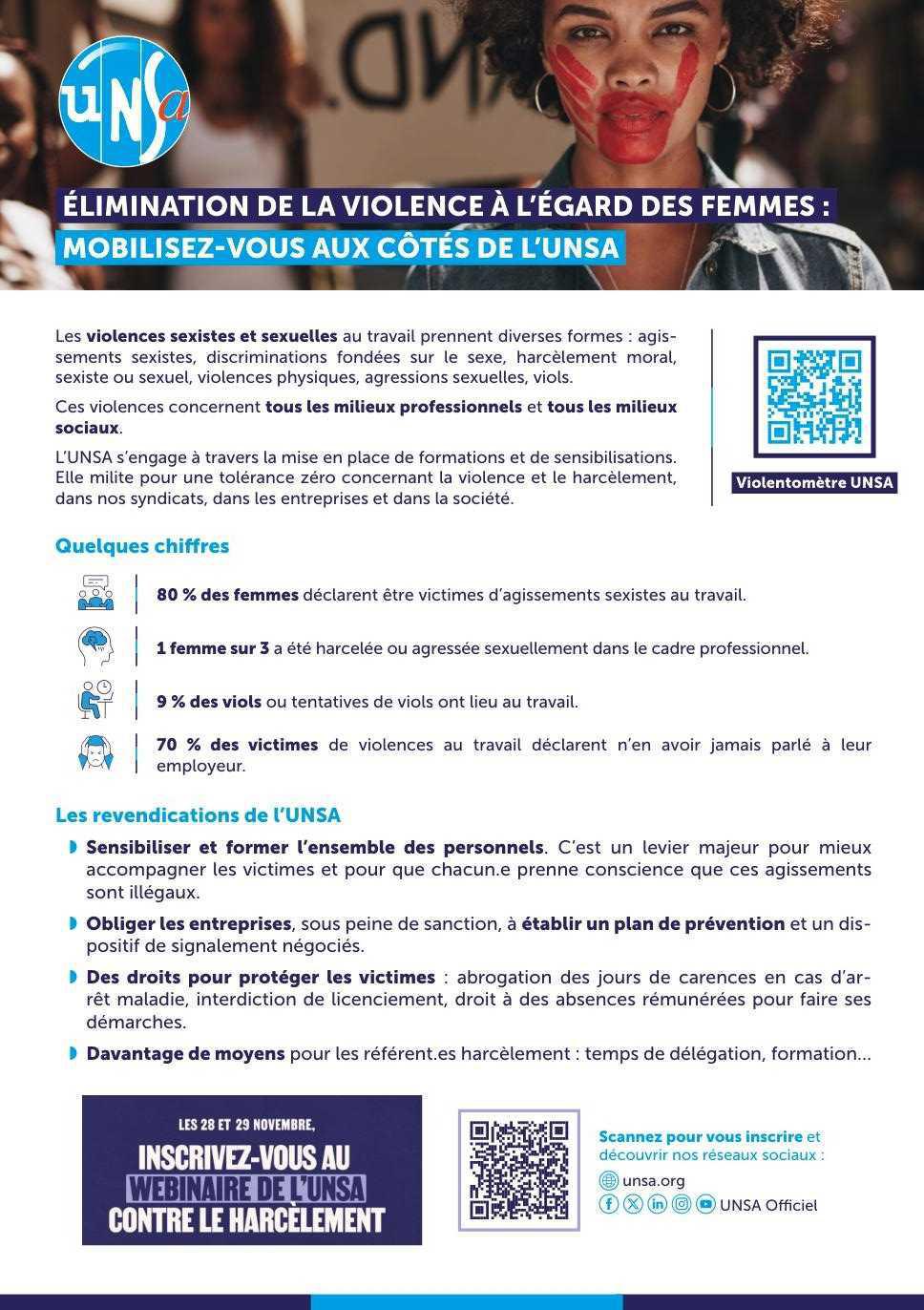 Élimination de la violence à l'égard des femmes : MOBILISEZ-VOUS AUX CÔTÉS DE L’UNSA !