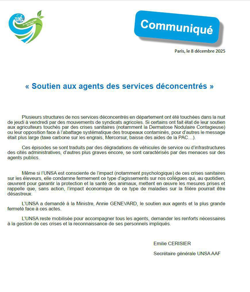 Communiqué de l'UNSA sur la situation des agents en services déconcentrés au MAASA 