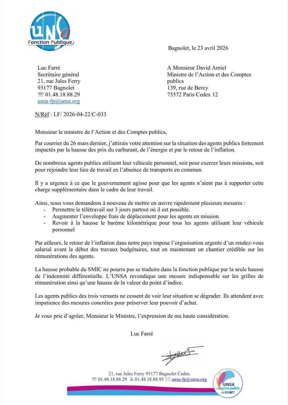 Courrier de l'UNSA Fonction Publique au Ministre de l’Action et des Comptes publics