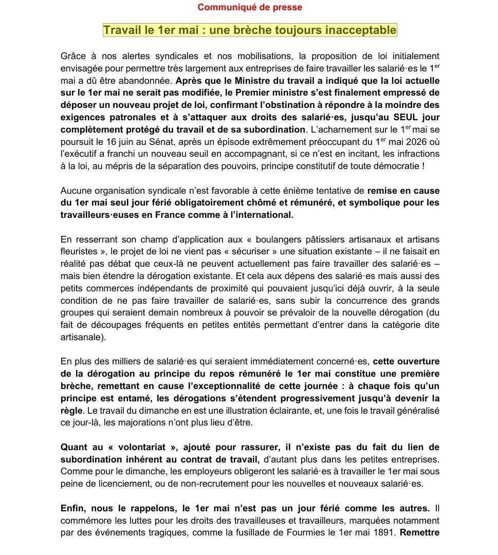 Communiqué de presse - Travail le 1er mai : une brèche toujours inacceptable !