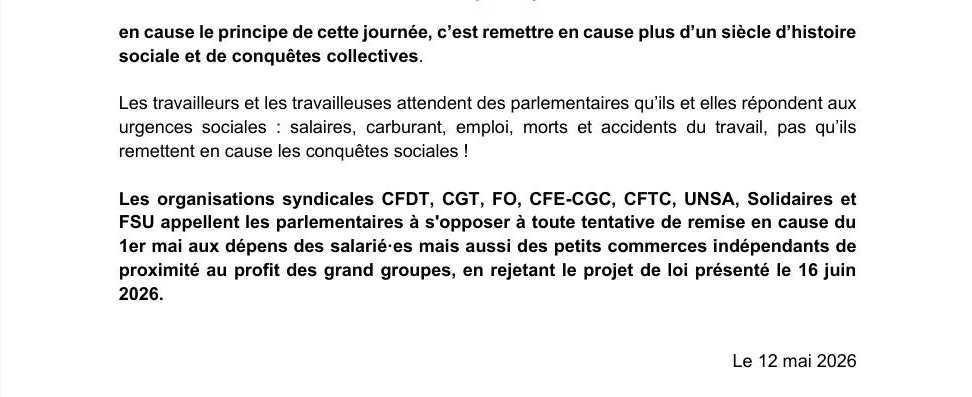 Communiqué de presse - Travail le 1er mai : une brèche toujours inacceptable !