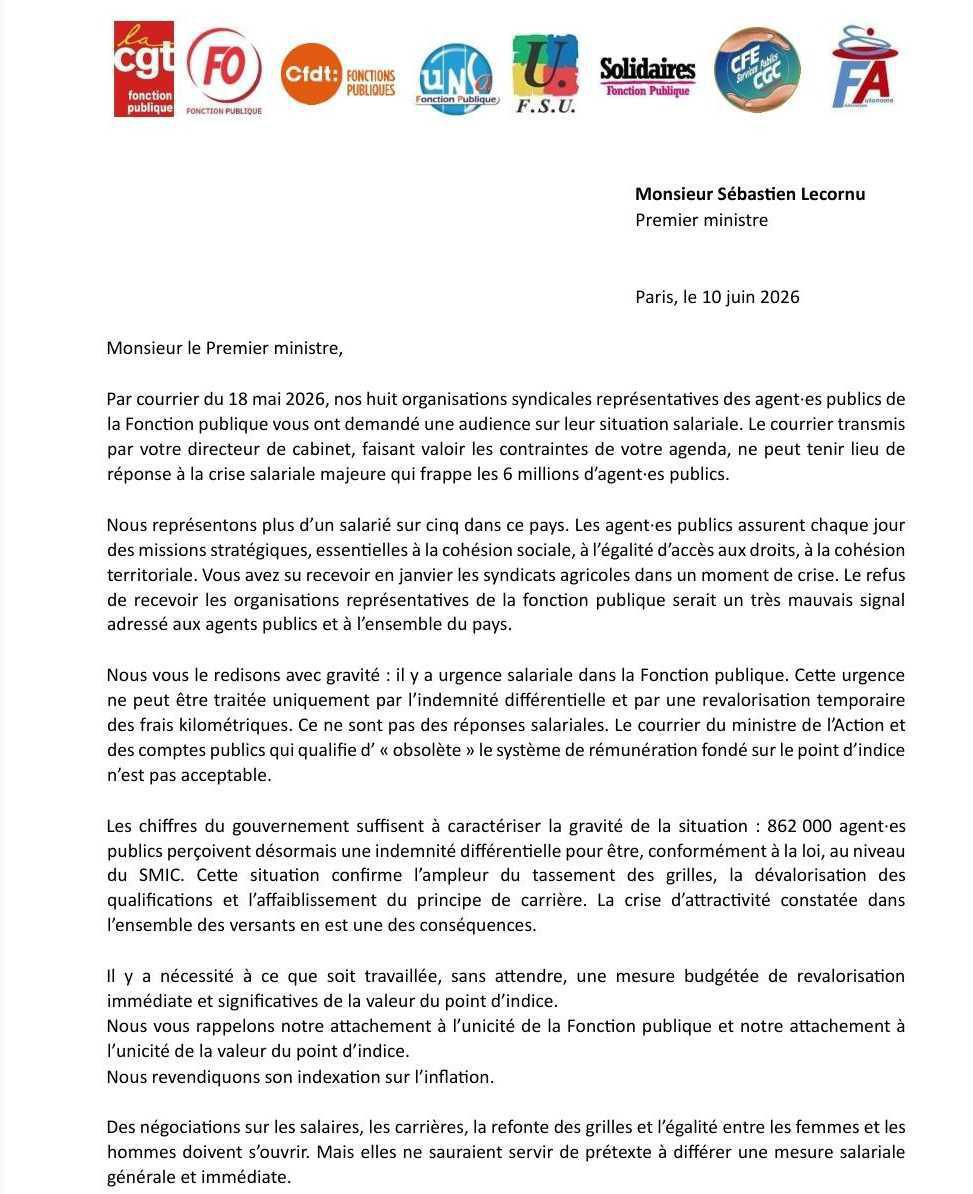 Courrier de l'intersyndicale au Premier ministre - Demande d'audience