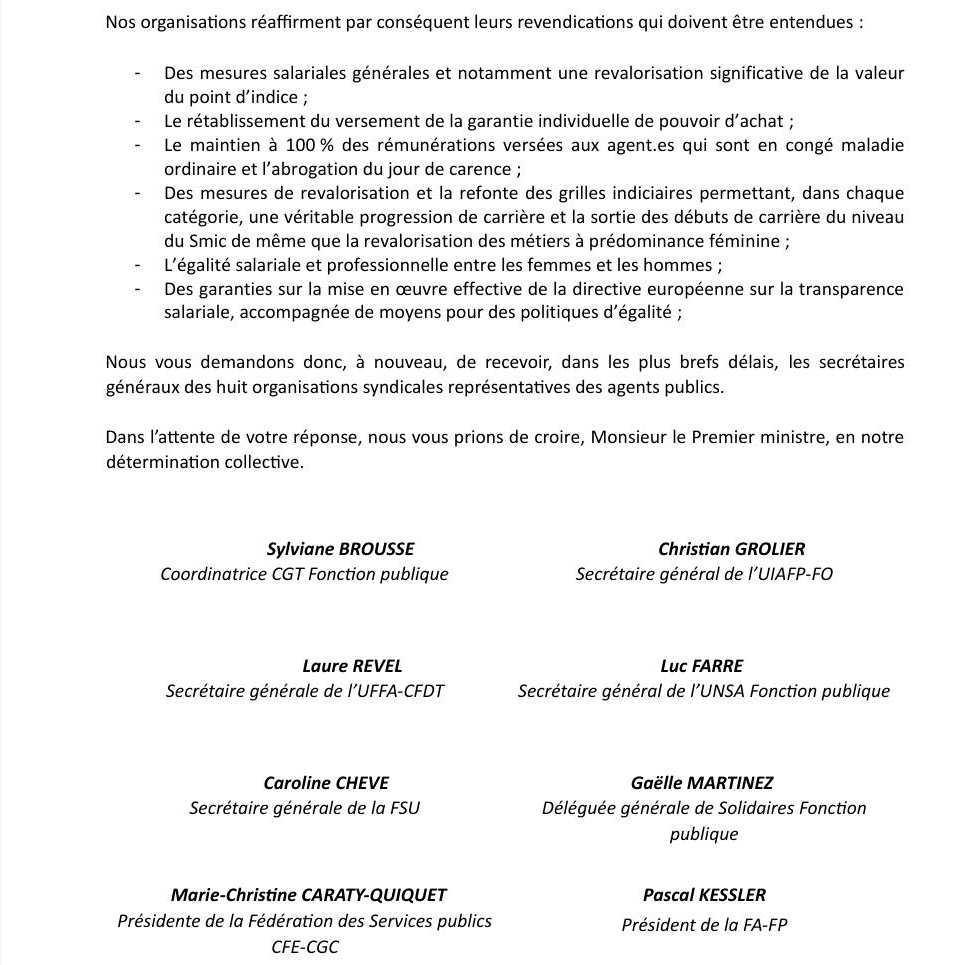Courrier de l'intersyndicale au Premier ministre - Demande d'audience