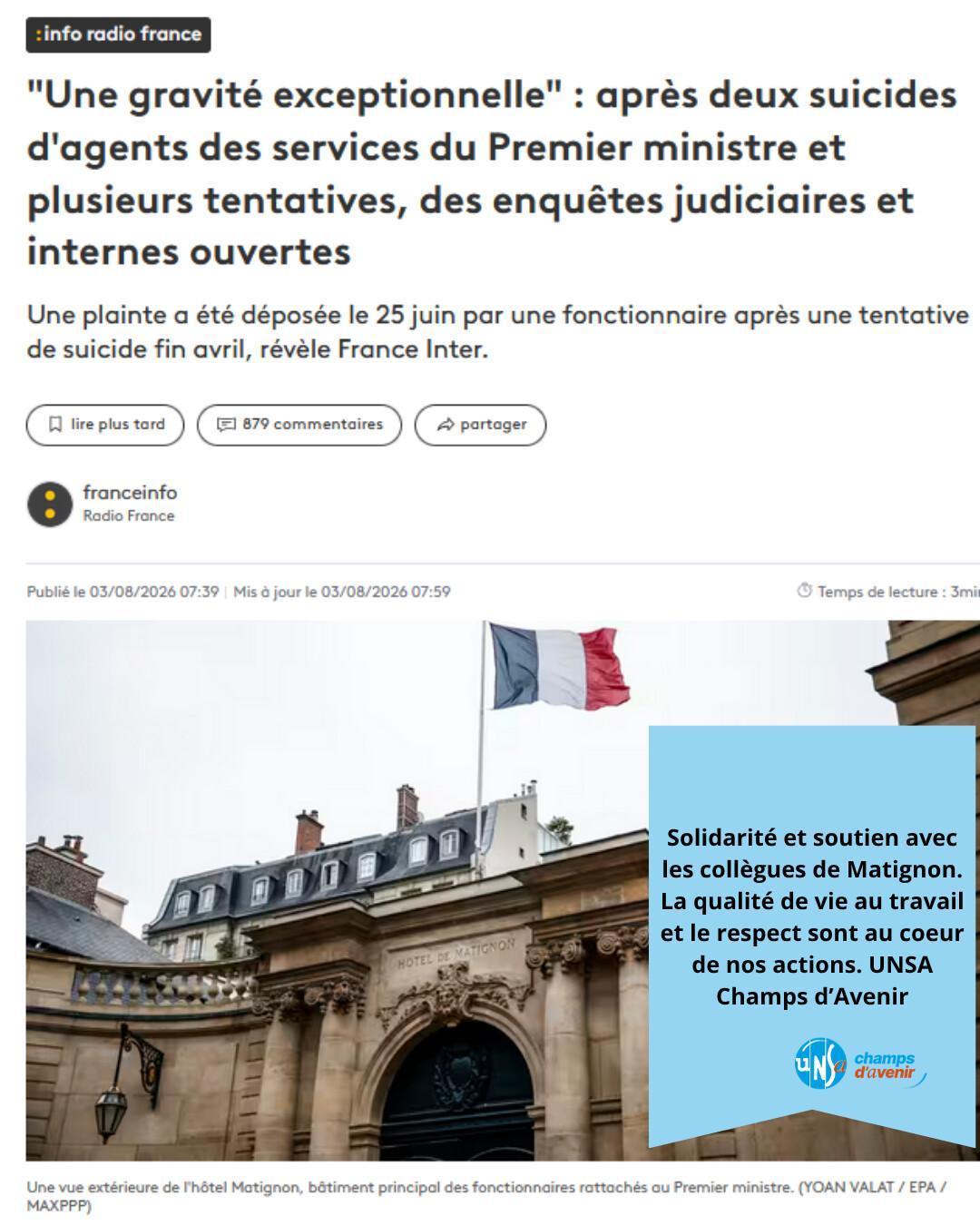 UNSA champs d'avenir en soutien des collègues de Matignon