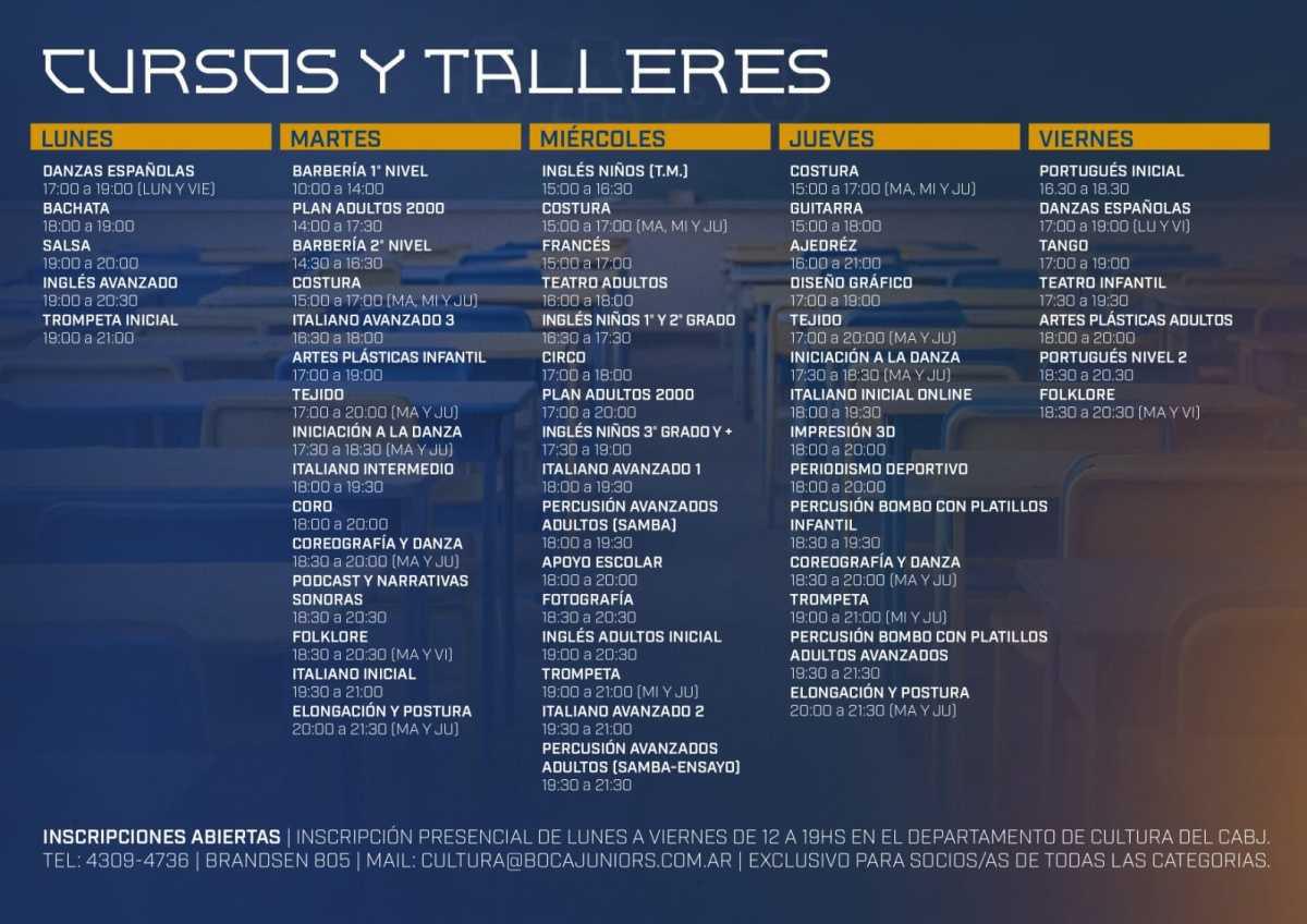 ¡Días y horarios de todos los Cursos y Talleres de Cultura 2026! 💙💛💙 