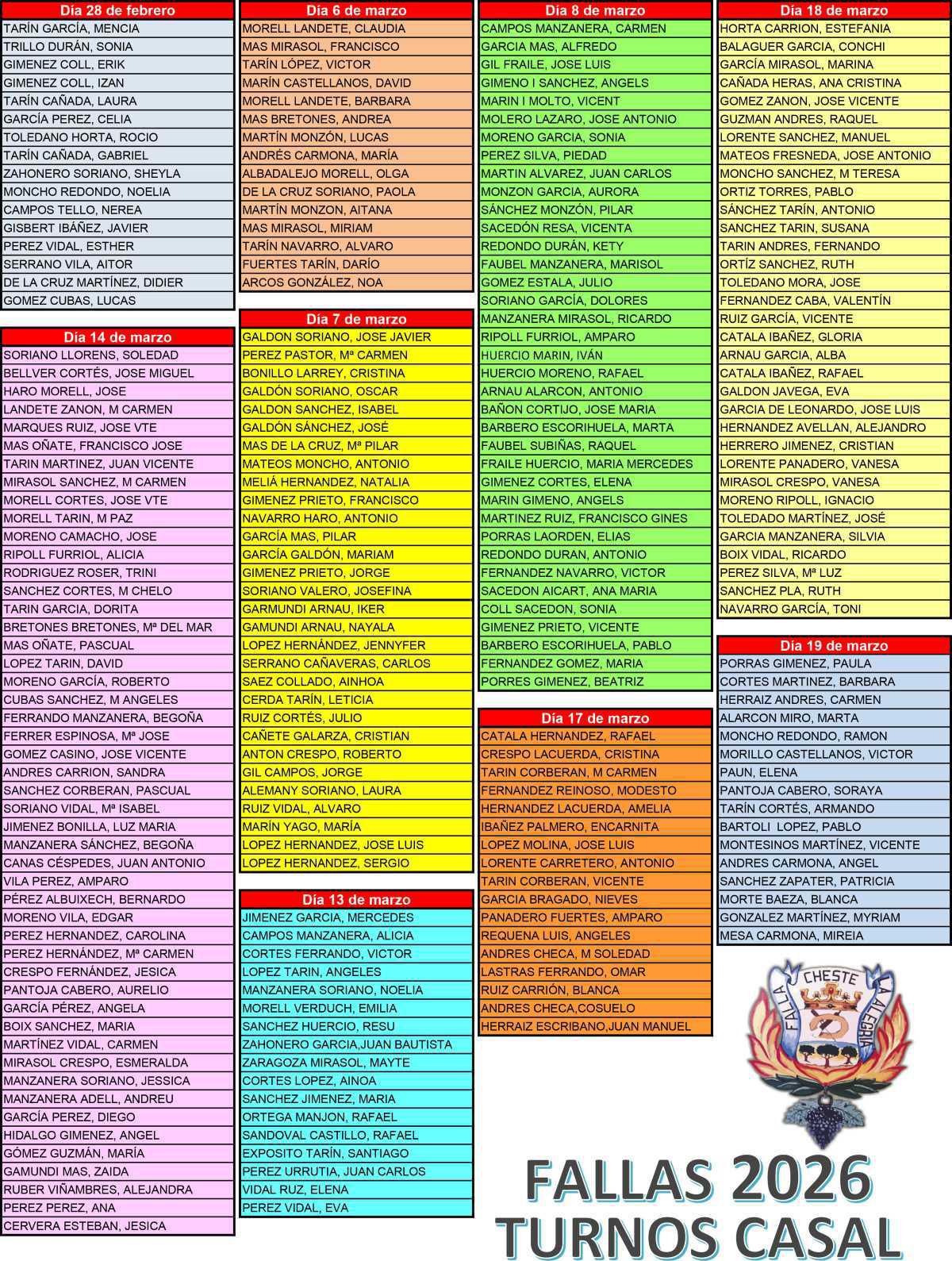Turnos de Casal 2026