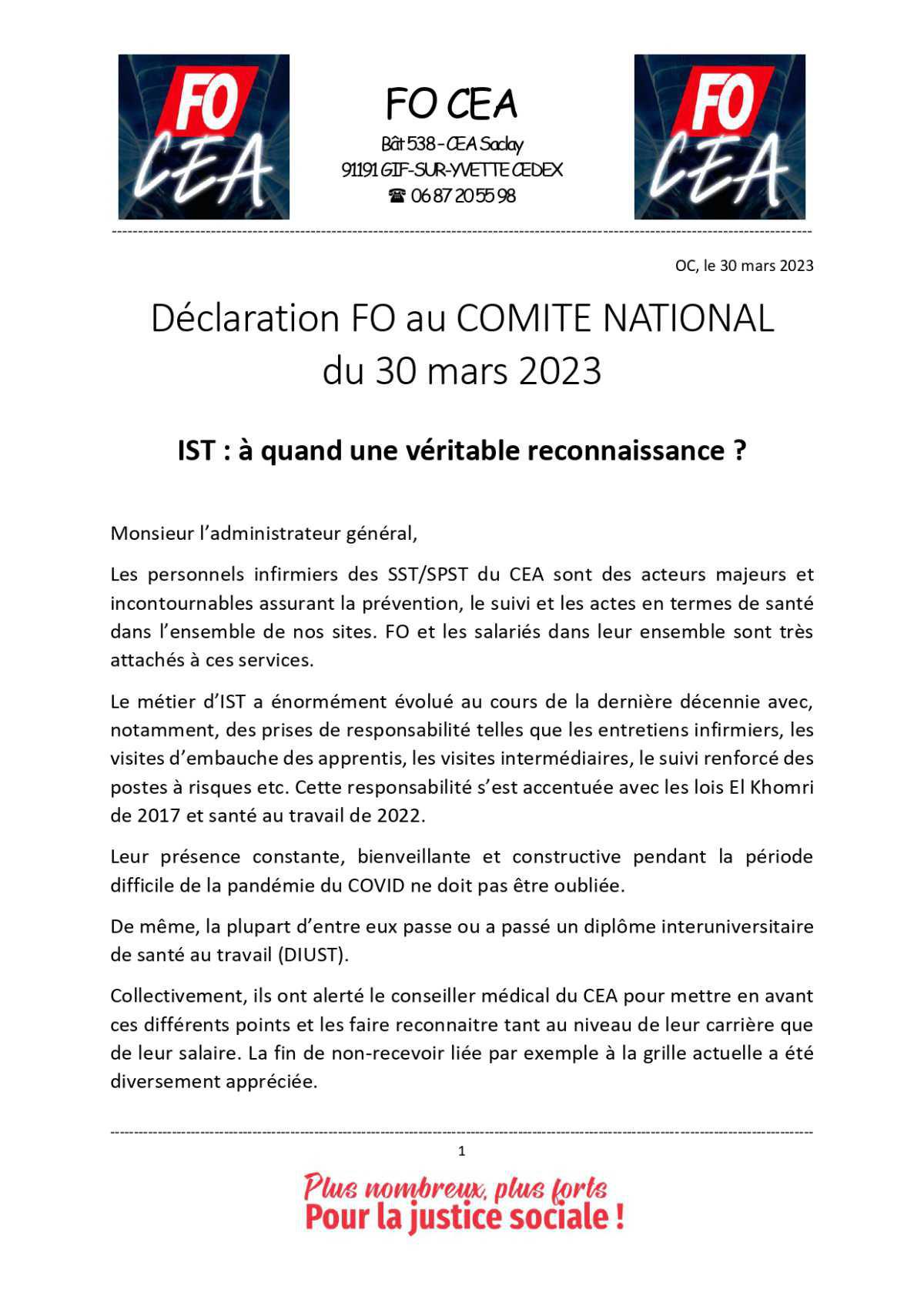 Déclaration FO au CN du 30 mars 2023 - IST