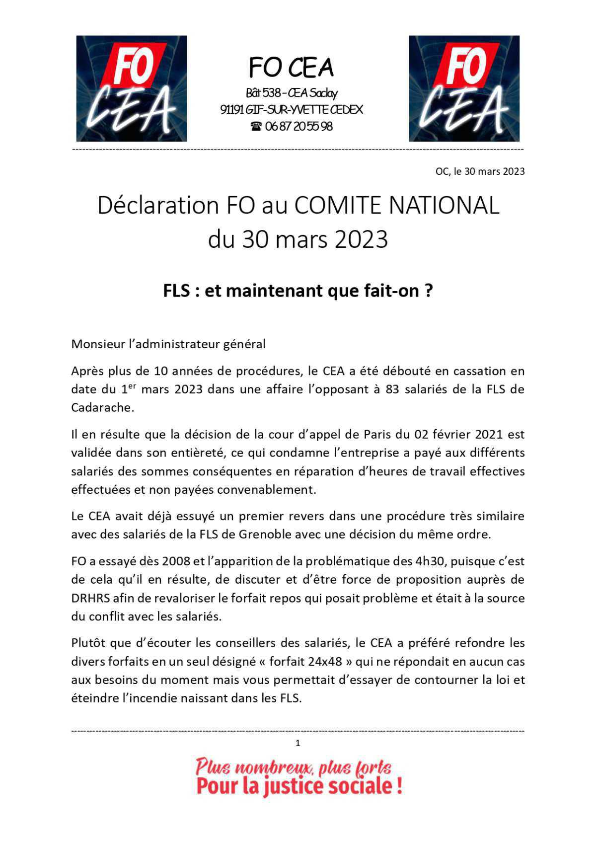 Déclaration FO au CN du 30 mars 2023 - FLS