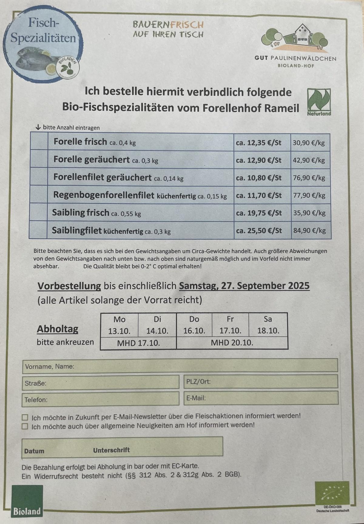 Vorbestellung Bio-Fischspezialitäten vom Forellenhof Rameil