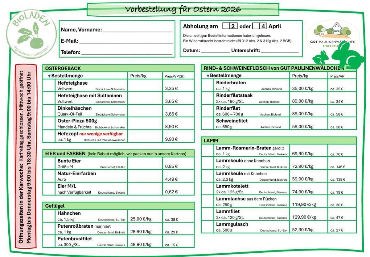 Noch bis heute Ihre Bio-Leckereien für entspannte Ostertage bestellen - Per Mail oder bei uns im Bioladen.