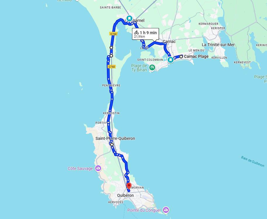 Trajet direct De Carnac plage à Quiberon 22km Trajet direct De Carnac plage à Quiberon 22km