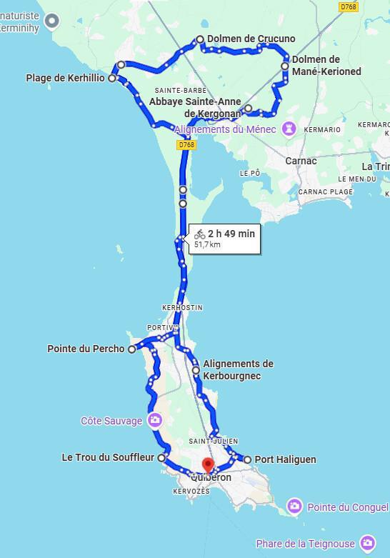 🚴‍♂️ 52 km Grande boucle Quiberon – Erdeven – Dolmens et plages