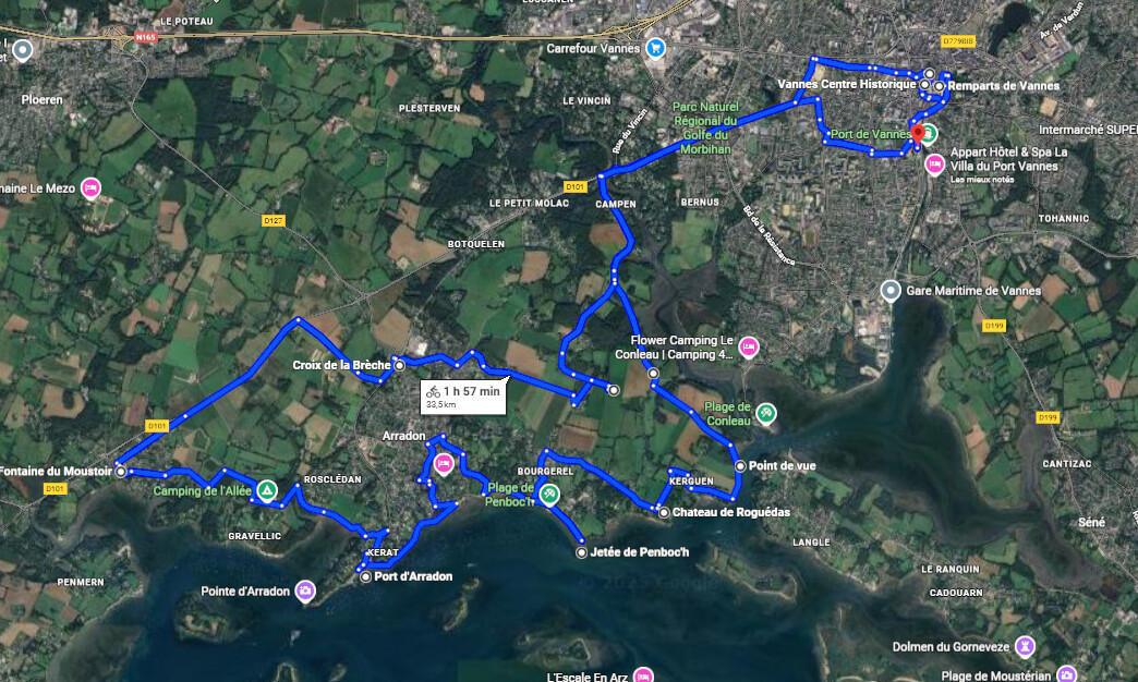 🚴‍♂️32km Boucle Vannes – Arradon – Penboch – Retour centre historique 
