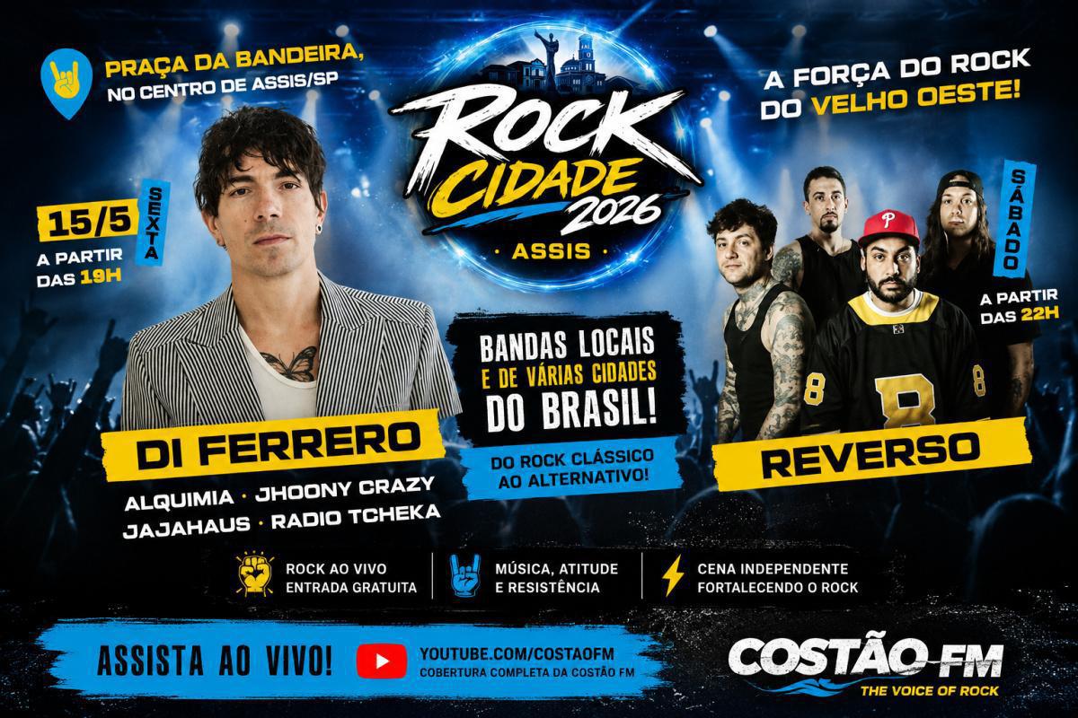 Rock Cidade 2026 em Assis reúne Di Ferrero, Reverse e bandas de todo o Brasil