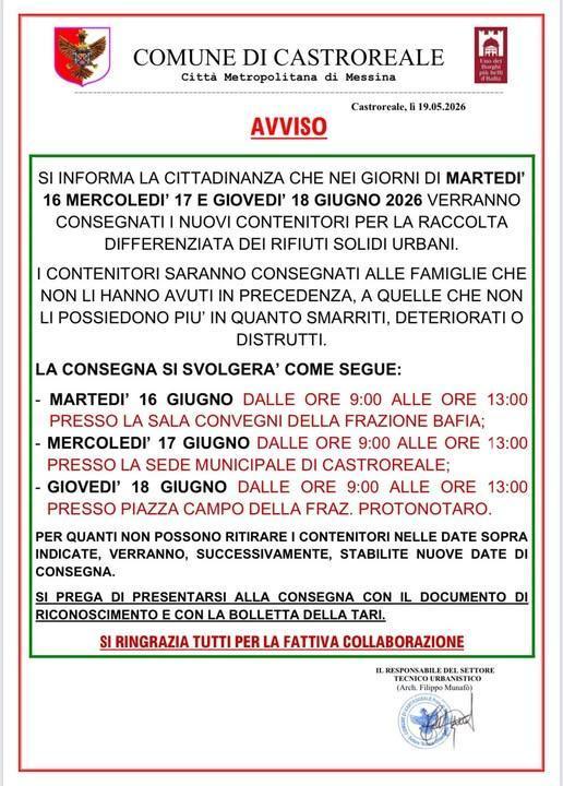 Consegna Nuovi Contenitori per la Raccolta Differenziata (Dalle ore 9:00 alle ore 13:00)