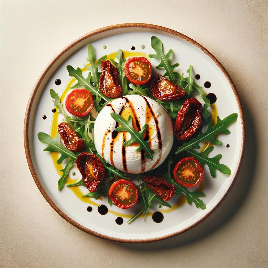 Burrata com tomate seco e rúcula