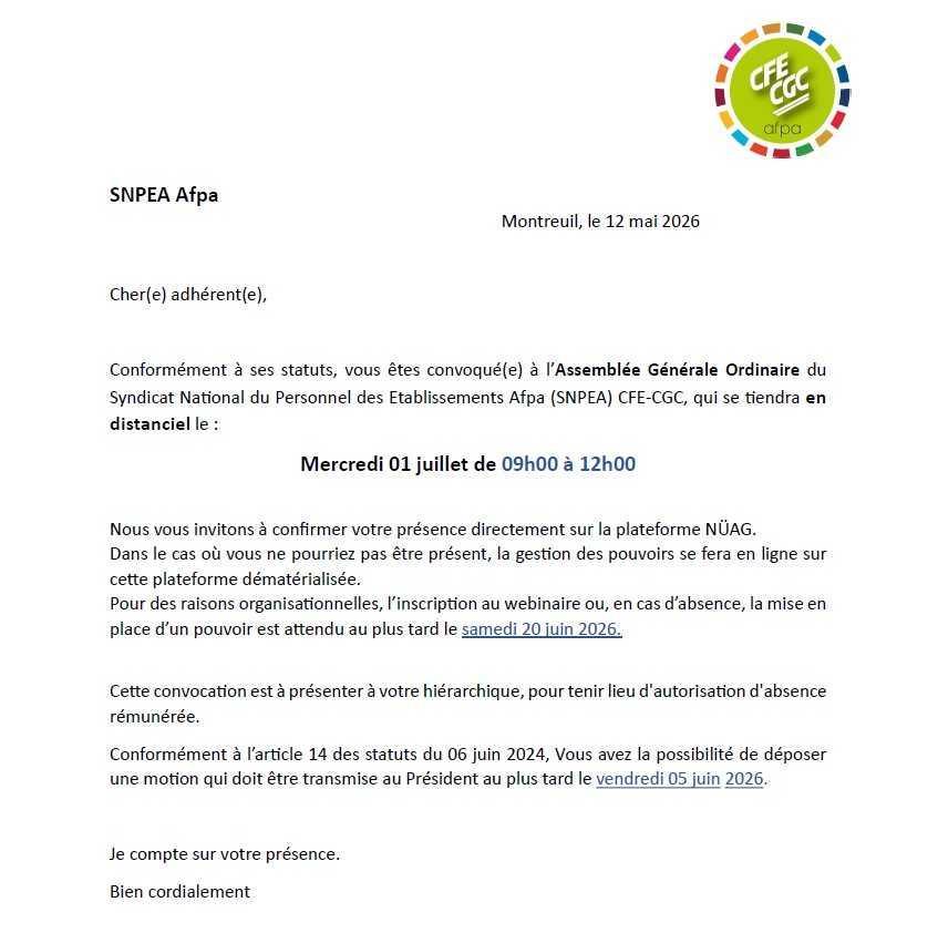 Rappel : Assemblée Générale du SNPEA
