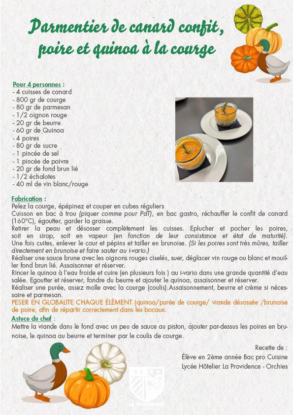 Parmentier de canard confit, poire et quinoa à la courge