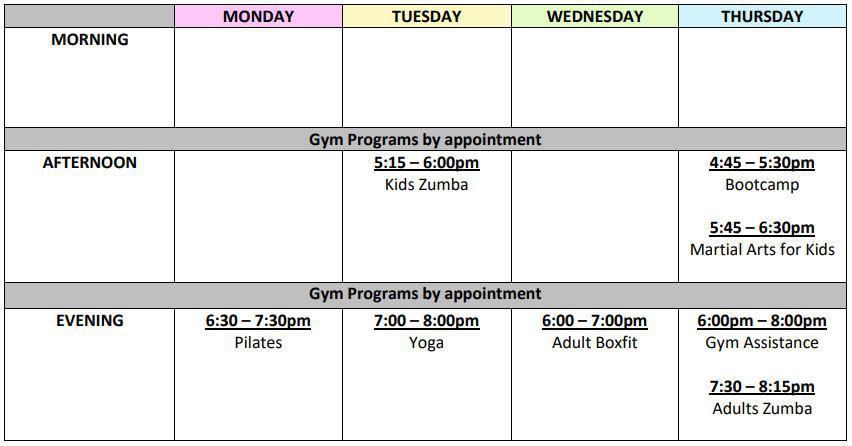 Term 1 Club Delaray Class Timetable