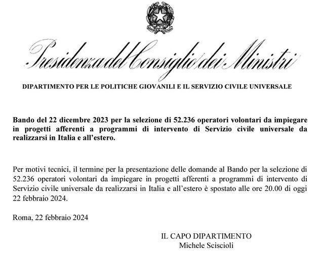 Scadenza del Bando per il Servizio Civile Universale Scadenza del Bando per il Servizio Civile Universale