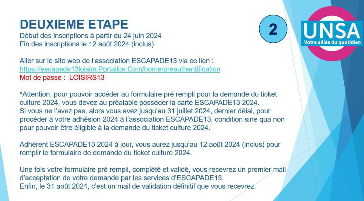 INCRIPTIONS TICKET CULTURE (VALEUR DE 150 EUROS) / FORMULAIRE 2024 ADHESION ESCAPADE 13 POUR LES ATC