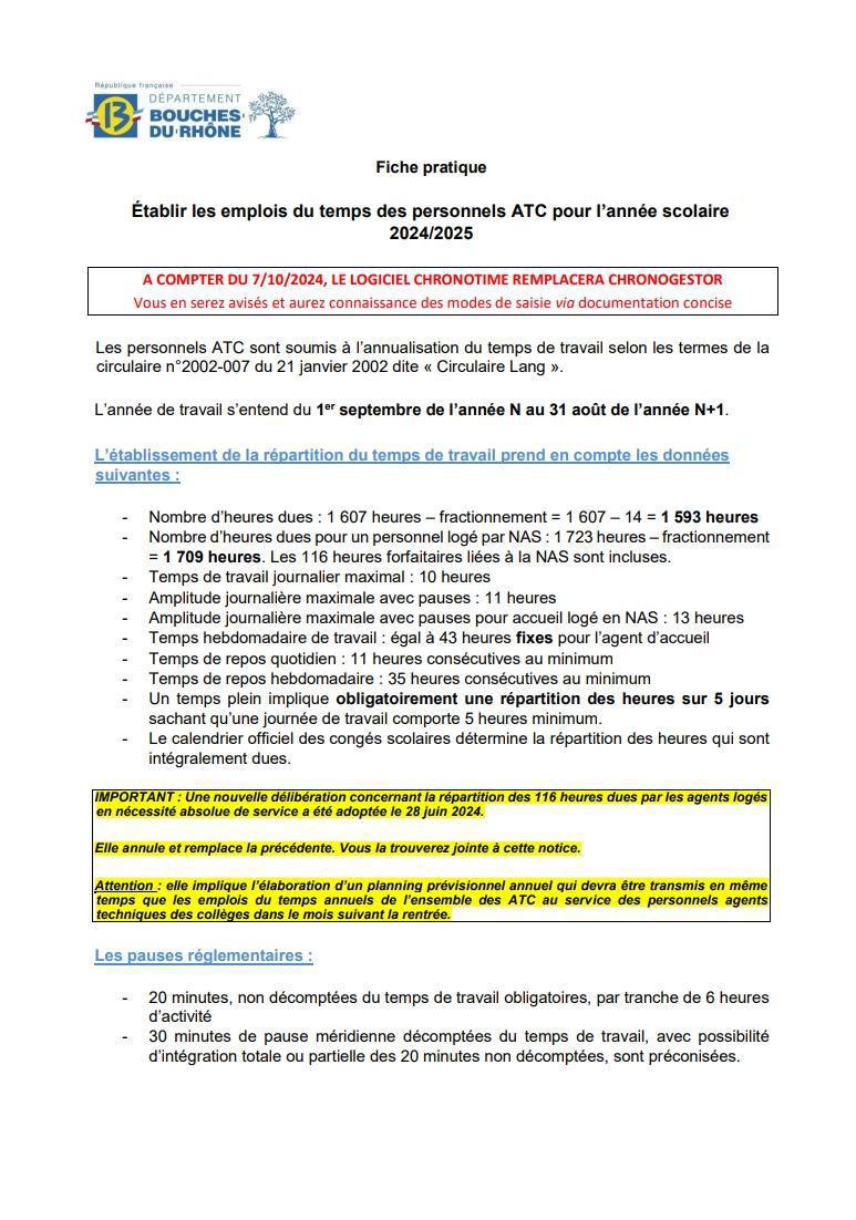 FICHE PRATIQUE POUR ETABLIR LES EMPLOIS DU TEMPS DES PERSONNELS ATC POUR 2024/2025 TRANSMISE AUX SECRETAIRES GENERAUX DES COLLEGES