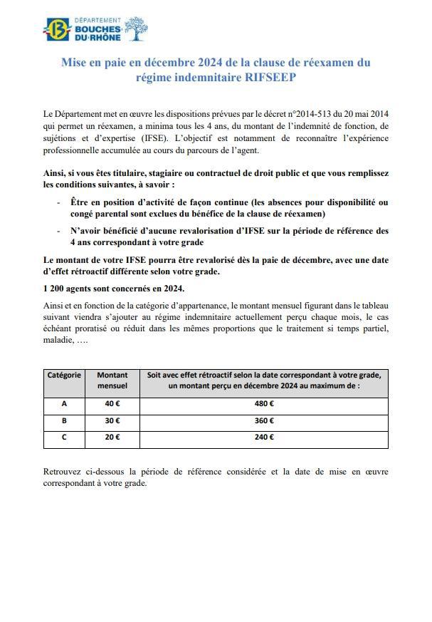 MISE EN OEUVRE DE LA CLAUSE DE REEXAMEN DU RIFSEEP SUR LA PAIE DE DECEMBRE