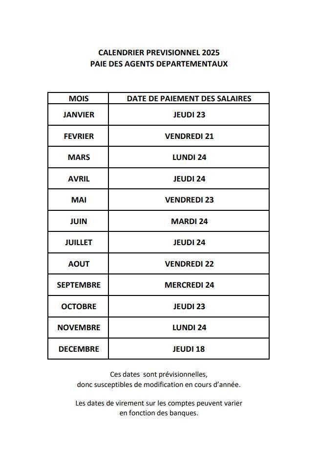 CALENDRIER PREVISIONNEL 2025 PAIE DES AGENTS DEPARTEMENTAUX