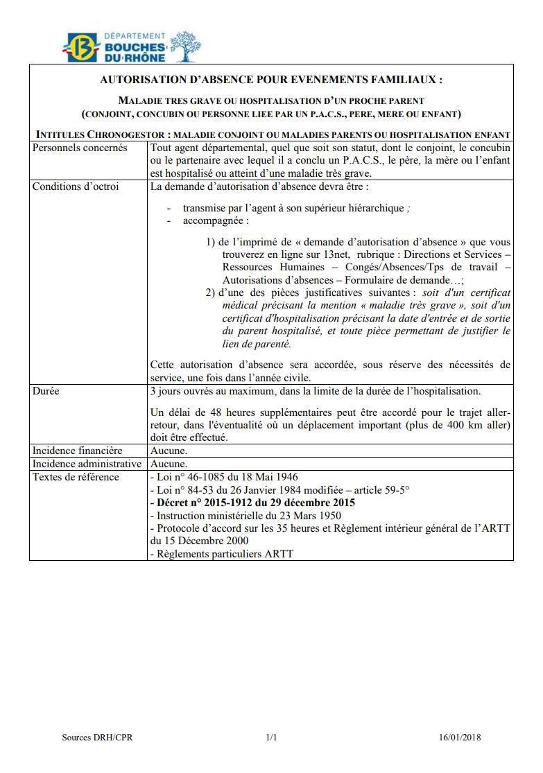 MALADIE TRES GRAVE OU HOSPITALISATION D’UN PROCHE PARENT (CONJOINT, CONCUBIN OU PERSONNE LIEE PAR UN P.A.C.S., PERE, MERE OU ENFANT)