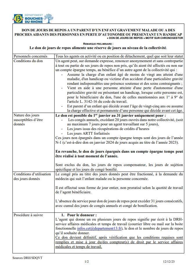 DON DE JOURS DE REPOS A UN PARENT D’UN ENFANT GRAVEMENT MALADE OU A DES PROCHES AIDANTS DES PERSONNES EN PERTE D’AUTONOMIE OU PRESENTANT UN HANDICAP