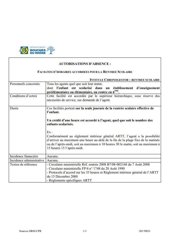 FACILITES D’HORAIRES ACCORDEES POUR LA RENTREE SCOLAIRE