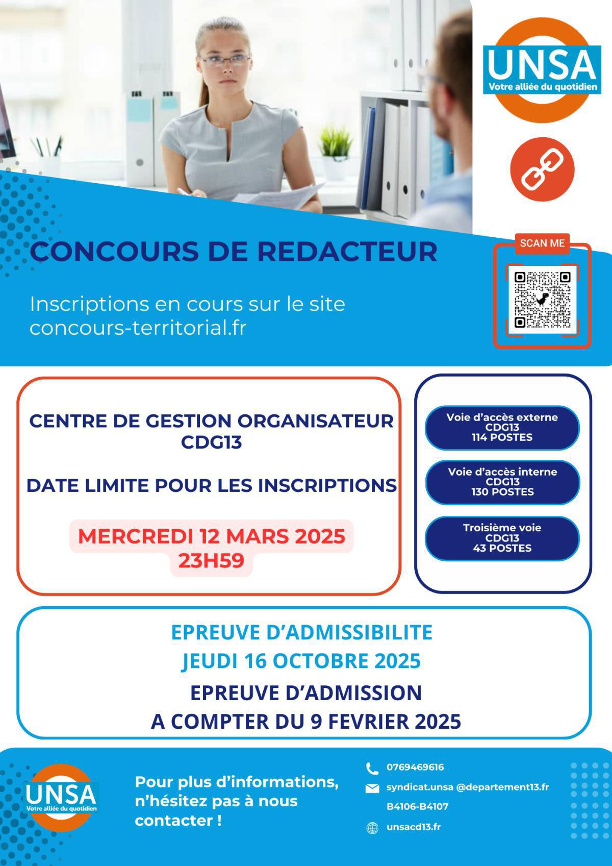 CONCOURS Rédacteur / date limite d'inscription / mercredi 12 mars 2025