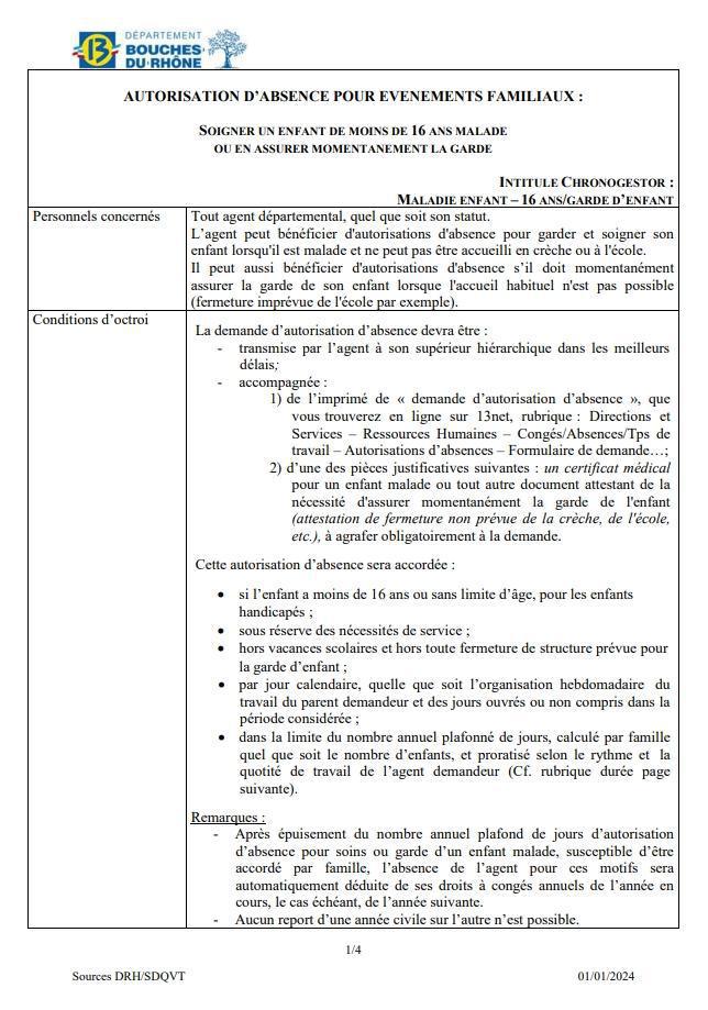 AUTORISATION D’ABSENCE POUR EVENEMENTS FAMILIAUX : SOIGNER UN ENFANT DE MOINS DE 16 ANS MALADE OU EN ASSURER MOMENTANEMENT LA GARDE