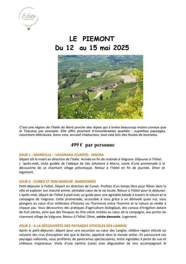 Séjour dans le piémont du 12 au 15 mai 2025 / ESCAPADE 13