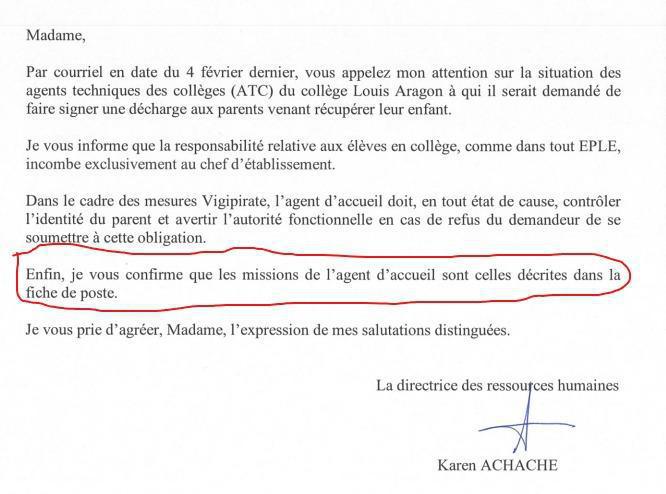 Réponse à UNSA - missions des agents d'accueil dans les collèges