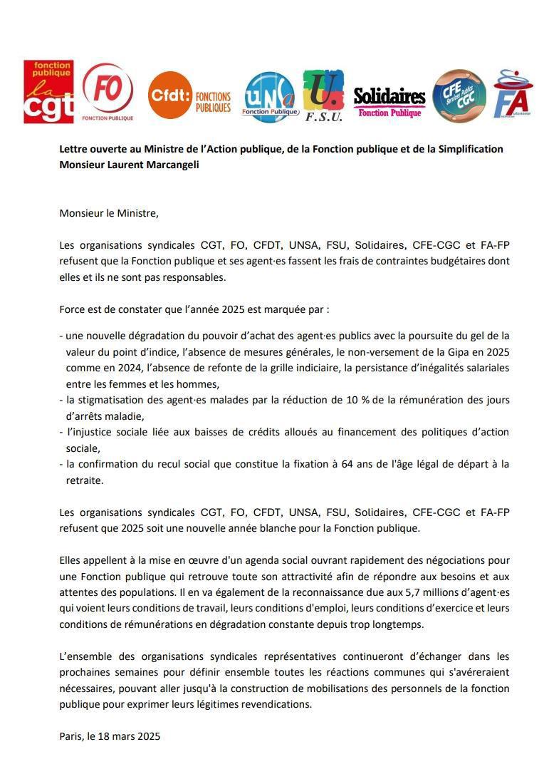 Lettre ouverte de l'intersyndicale au Ministre de la Fonction Publique